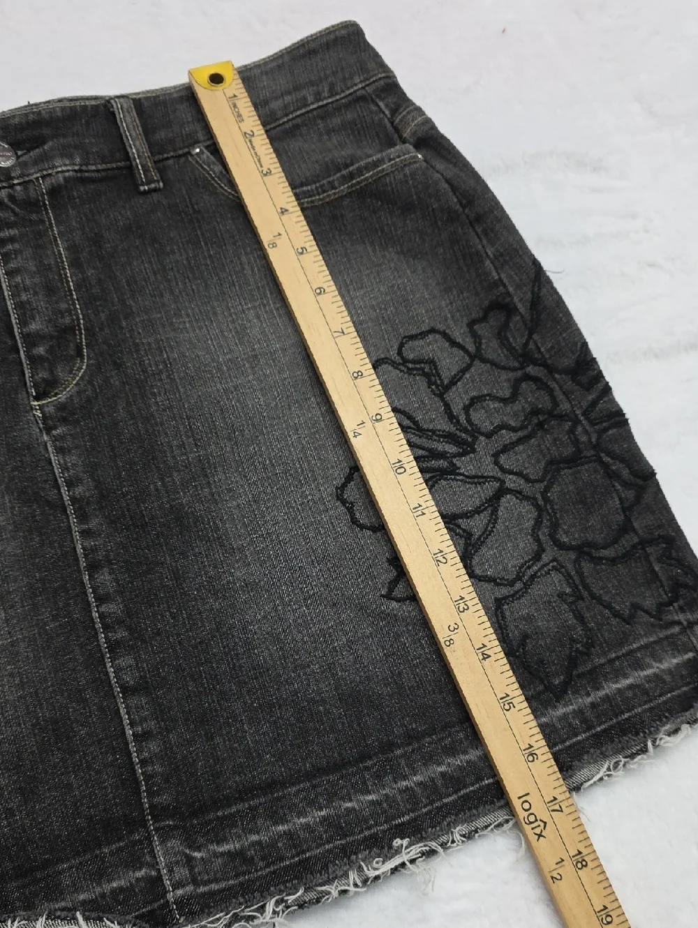 WHBM Black Faded Distressed Denim Jean Mini Skirt Embroidered Floral